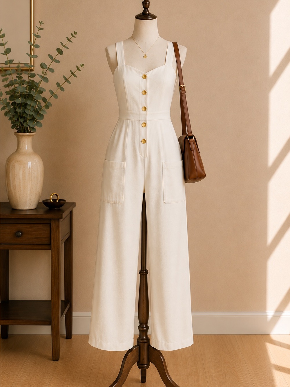 ZARA Ivory Button Front Wide Leg Jumpsuit Cream Sleeveless Minimalist Size M - Picture 1 of 5